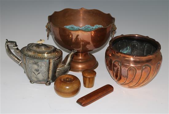 A copper Benham & Froud jardiniere, a rose bowl, a teapot and three items of treen (6)